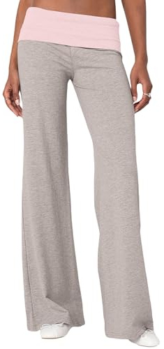 Women Fold Over Comfy Pants Low Elastic Waist Solid Lounge Sweatpants Wide Straight Leg Loose Pant (D-Grey, S)