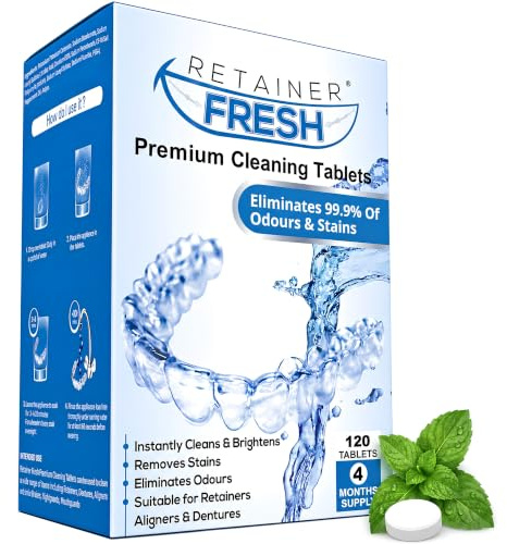 Retainer Fresh Retainer Cleaner Tablets 120 Tablets Denture Cleaner | Also cleans mouth guards, dentures & clear aligners. Removes plaque, odour & stains for a fresh, hygienic finish daily