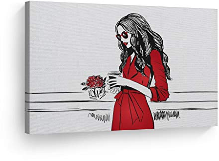 Smile Art Design Modern Cool Woman in Red Dress Sketch Drawing Glam Fashion Canvas Print Wall Art Office Bathroom Teen Girls Room Women Dorm Bedroom Living Room Wall Decor Rolled Up 30x40