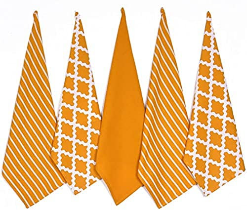 Penguin Home®- Juego de 5 Paños de Cocina 100% Suaves-Duradero-Elegante Diseño Ocre con Múltiples Patrones-Lavable a Máquina-65 x 45 cm, Algodón, Paquete de 5