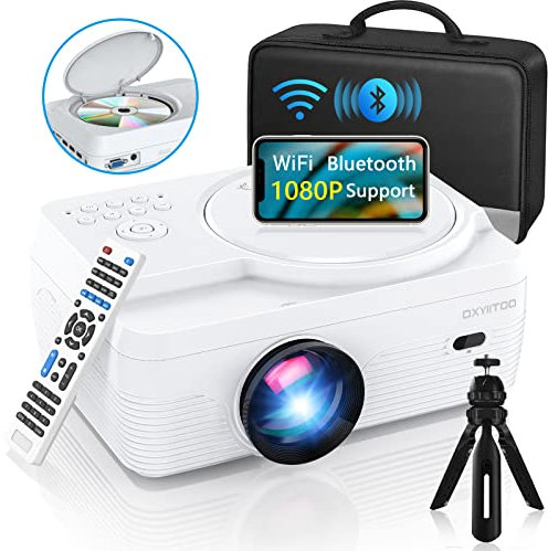 Neuer WiFi Beamer Full HD Bluetooth Projector Built-in DVD Player, Tragbare Mini DVD Beamer 350 Zoll Heimkino, 4K-Unterstützung, 28000LM 1080P, Kompatibel mit iOS/Android/TV-Stick/PS4/HDMI