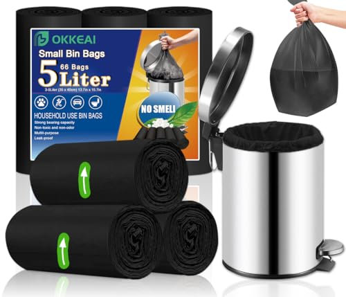 OKKEAI 5 Liter Bin Bags Small Bin Liners for Bathroom 66 Counts Black Trash Bags Mini Garbage Bags,Office,Toilet,Fit 3l,4l,5l,6l Rubbish Bin
