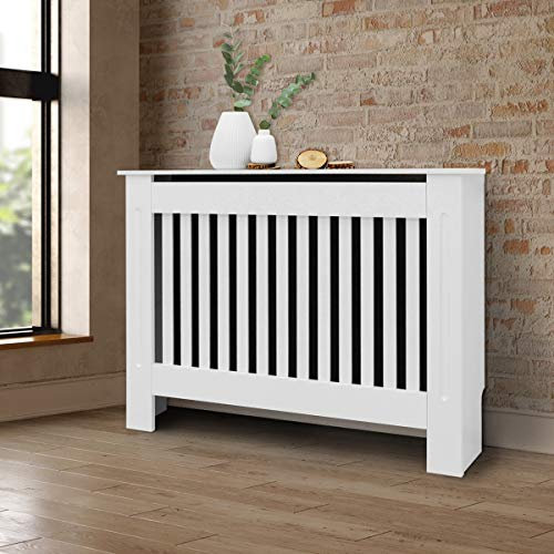 ECD Germany Cache-Radiateur Chauffage Moderne - 112x19x82cm - Blanc Étagère en Bois MDF Housse Décorative Robuste Maison de Campagne Murale Meuble de Rangement Design Traditionnel pour Salon Chambre