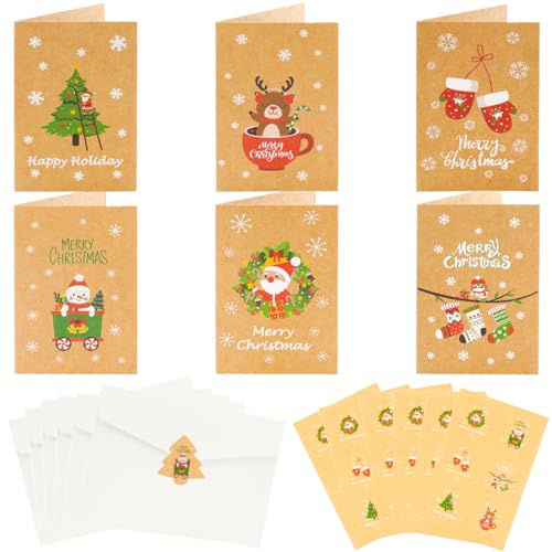 Bluelves 24 Pezzi Cartoline di Natale,24 Pezzi Biglietti Auguri Natale con 24 Busta e Adesivi,Biglietto Auguri Natale Regalo,Biglietti Portasoldi Natale per Famiglia Amici Bambini（10.5x7cm）