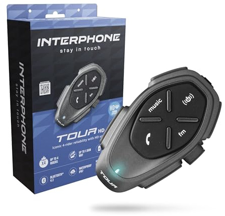 INTERPHONE TOUR HD Singolo, Interfono moto di gruppo per 4 motociclisti fino a 1.5km di distanza, Interfono casco con Bluetooth per GPS e chiamate, Autonomia 25h di lunga durata e impermeabile IP67