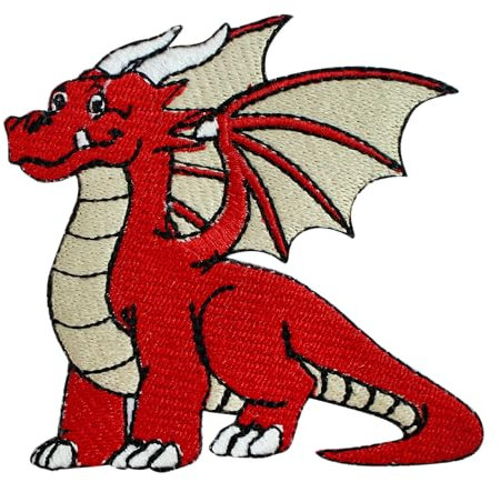 Niedlicher roter Drachen-Aufnäher, Kinder-Drachen-Aufnäher, Monster-Patch, bestickt, zum Aufbügeln oder Aufnähen, Abzeichen für Kleidung usw. 9 x 5 cm