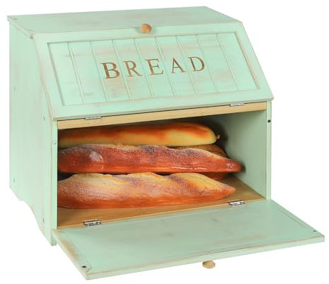 HOMEKOKO Double Layer Large Bread Box for Kitchen Counter, Retro Design Wooden Large Capacity Bread Storage Bin (Mint Green)