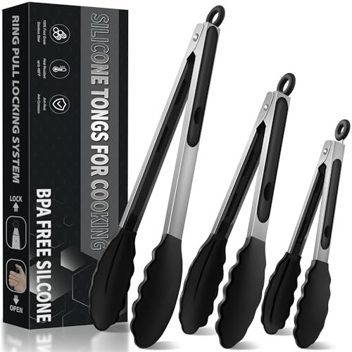 Küchenzange, 480°F Hitzebeständige Grillzange Kochzange, Edelstahl und BPA-freie Silikonspitzen, Zange Küche mit Hitzebeständigem Silikongriff, ideal zum Kochen und Grillen, 18/23/30,5cm (3er-Set)