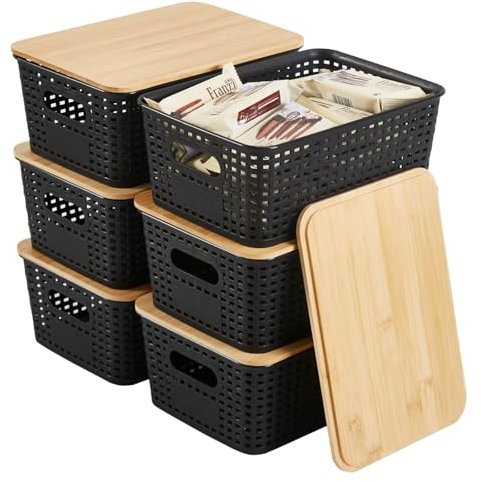 Sagittar Set of 6 Storage Boxes with Bamboo Lid, Imitation Rattan Plastic Storage Basket, Stackable Storage Bins, Ideal for Kitchen, Bathroom, Office, Wardrobe (Black)