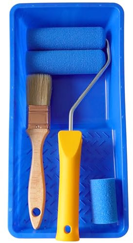 DAN&MAR® Kit Completo de Rodillo Azul para Muebles y Paredes. Incluye Cubeta + Rodillo de Espuma Azul pequeño para Esmalte Sintetico //Acrilico. Y Paletina Triple de Cerda Suave, Ideal para detalles