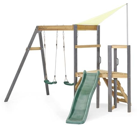 Plum Play Kids Outdoor Wooden Barbary Double Swing Slide and Climbing Frame with Ladder and Sunshade - Suitable from 3 Years Plus Max User 50kg per Accessory