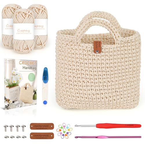 Coopay Häkelset für Anfänger, Häkelset Tasche mit Häkelnadel 4,5mm, Anleitung, 5mm Dicke Wolle zum Häkeln Kleine Handtasche, Kreative Geschenke für Töchter, Familie und Freunde - Beige