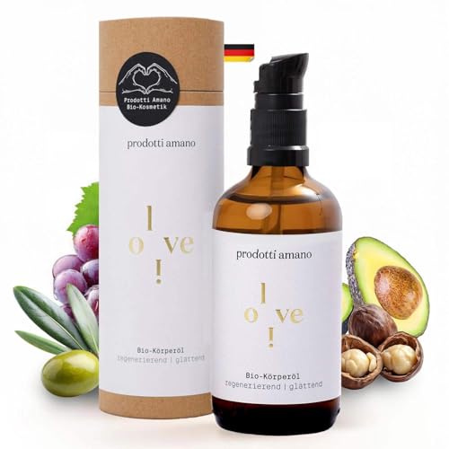 Prodotti Amano Skincare I BIO Olivenöl Körperöl für trockene Haut I 100 ml | Sensible Vegane Hautpflege I Bewahrt Feuchtigkeit, Regeneriert und Glättet I Naturkosmetik inkl. 5 Öle & Extrakte