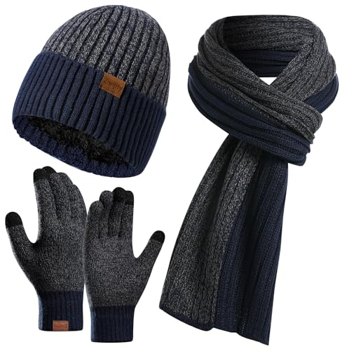 Ziwijity Winter Beanie Hat Scarf Gloves Set for Men & Women - 3PCS Knitted Warmer Set with Touchscreen Gloves, Long Soft Fleece Scarf for Cold Weather (Navy Blue)
