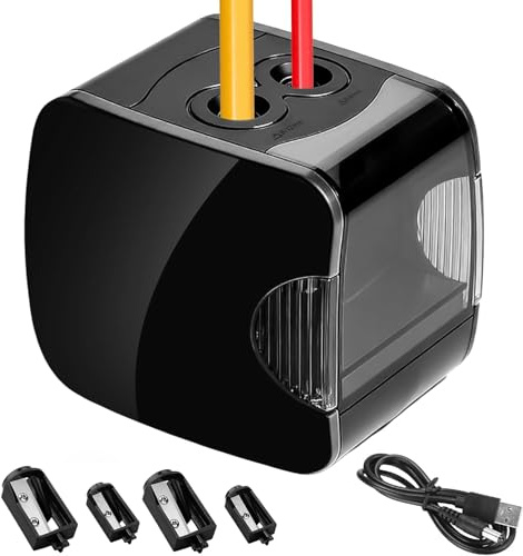 Sacapuntas eléctrico con recipiente, 2 tamaños, 6 – 12 mm, sacapuntas eléctrico para niños, doble orificio, con lata, batería y USB, sacapuntas gruesos y finos con 4 cuchillas de repuesto