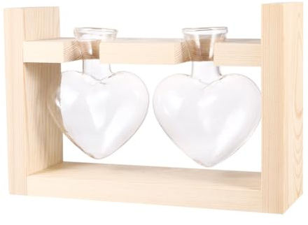 Alipis Jarrón De Cristal para Plantas Hidropónicas Forma De Corazón, Soporte De Madera Original, Resistente a Altas Temperaturas, Decoración para Hogar y Jardín, Set De 2 Unidades
