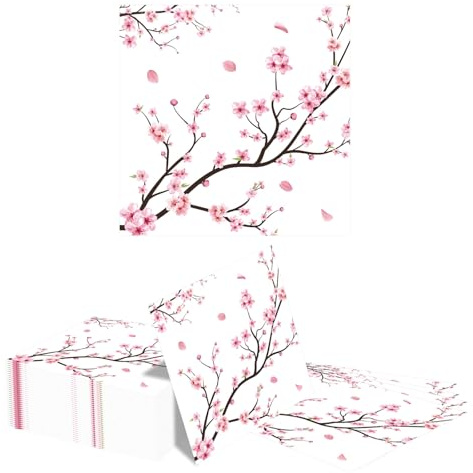 Kotkiddy 40 Servilletas de Cocktail de Flor de Cereza Rosa Desechables de Papel para Postre para Decoración de Mesa de Primavera Boda Baby Shower Cumpleaños Té Fiesta