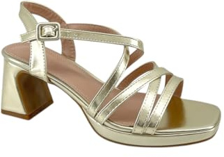 MODELISA - Sandalias de Tacón para Mujer, Tiras Cruzadas, Hebilla Ajustable Tobillo para Boda Fiesta Noche Evento Ceremonia (Dorado, Sistema tallas calzado EU, Adulto, Mujer, Números, mediano, 40)