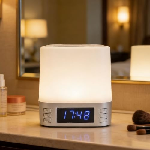 Jiawu White Noise Machine för Att Sova, Bluetooth Stereohögtalare, 15W Snabb Trådlös Laddare, Ljudmaskins Väckarklocka för Sovrummet, Digital Klocka med 7-färgs Nattljus (Silver)