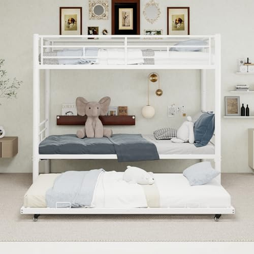 QSOST Triple Bunk Bed with Pull Out Bed, Heavy Duty Metal Triple Sleeper Bunk Beds for Kids Adults Dormitory, Space Saving 3 Person Bed with Trundle Fits 90 * 190cm Mattress (White)