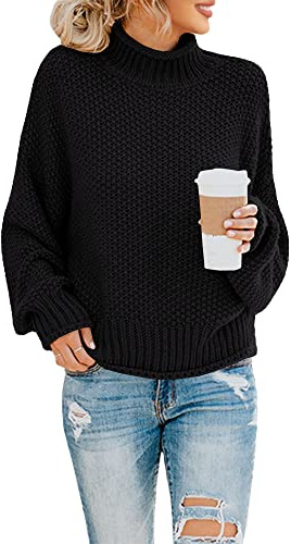 Saodimallsu Polotröja för damer, oversized sweatshirt med långa fladdermusärmar, lös passform och grovstickad, tröja med ledig design, svart, S