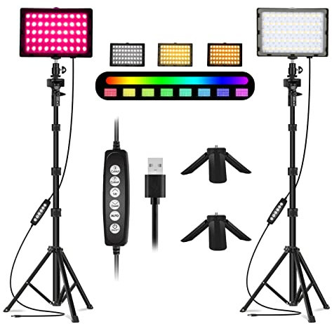 EMART 2-Pack Luz de Video LED RGB, Kit de Iluminación Fotografía para Estudio con Trípode Ajustable para Videoconferencia, Grabación, Juegos, Youtube