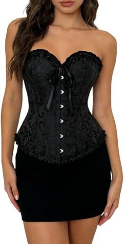 VicSec Corsetto sexy da donna in pizzo, corsetto sexy da donna, vintage, gotico, bustiers, petto intero con bacchette in acciaio, biancheria gotica, top in raso, con perizoma S-3XL