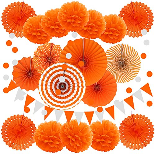 ZERODECO Party Dekoration Papier Pompoms, Orange Aufhängen Fächer Dreieckige Wimpel und hängende Glitter Punkt Papier Girlande Dekorpapier für Party Hochzeit Geburtstag