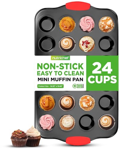 NutriChef 24-Cup Nonstick Mini Muffin Pan with Red Silicone Handles - Carbon Steel Bakeware Tray for Savory & Sweet Treats - Dishwasher Safe, Black