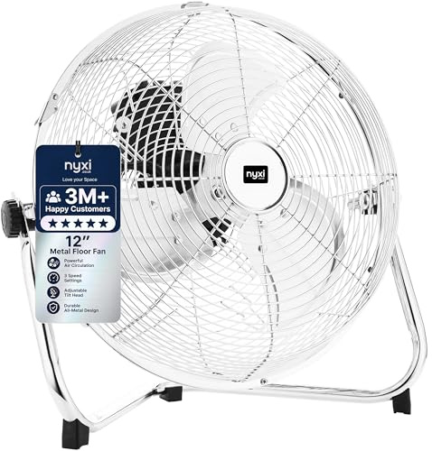 Nyxi 12-Inch Metal Floor & Desk Fan, 3 Speed Settings, Aluminium Blades, Chrome Grill, Powerful Air Circulation, Heavy Duty Portable Fan for Home, Office, Gym, Warehouse & Outdoor Use