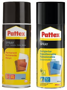 Pattex Sprühkleber Power Spray korrigierbar, lösemittelhaltiger Sprühklebstoff, 1 x 400 ml Dose & Power Spray Permanent, farblos, 1 x 400 ml Dose