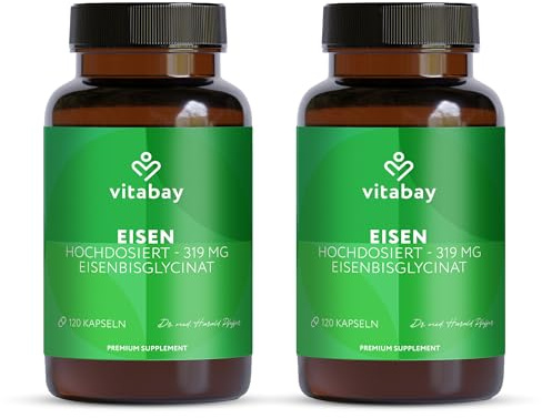 Vitabay Eisen Kapseln hochdosiert – 240 vegane Kapseln mit Eisenbisglycinat – 50 mg elementares Eisen – vegan, laborgeprüft, ohne unnötige Zusätze – 8 Monate Vorrat