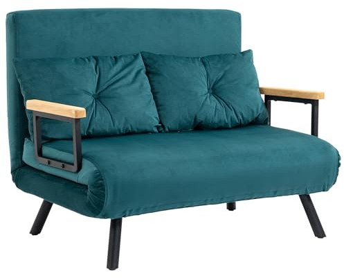 HOMCOM 4 in 1 Divano Letto 2 Posti, con Schienale Regolabile in 5 Posizioni, Divano Letto Matrimoniale Pieghevole con 2 Cuscini, Seduta Imbottita, in Velluto per Casa e Ufficio, 102x73x81 cm Blu scuro