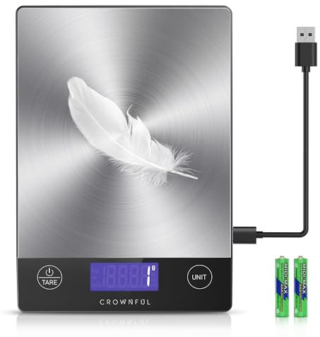 CROWNFUL Bilancia da cucina ricaricabile per alimenti, bilancia digitale da 15 kg, peso grammi e once per cuocere e cuocere, ricarica di tipo C, display LCD, acciaio inossidabile 304