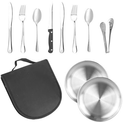10-Teiliges Camping Besteck Set, Portable Campingbesteck Set für 2 Personen, Picknick-Set Edelstahl Outdoor Geschirr Set mit Löffel Gabel Messer Teller Clip für Camping Picknick Reisen Wandern