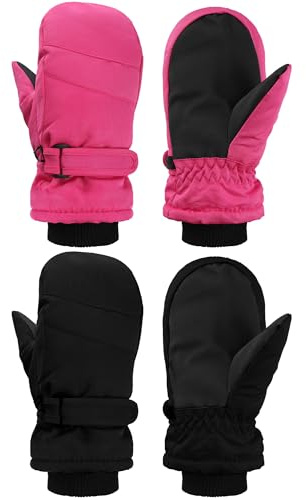 Boyiee 2 Pairs Kids Winter Ski Gloves Mittens Waterproof Snow Gloves Boys Girls Winter Thermal Snowboard Mittens Windproof(Rose Red, Black, 2-5 Years)