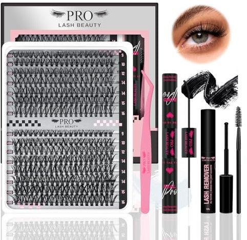 DIY Wimpernverlängerung Kit, individuelle Wimpern Kit mit 300 Pcs D-Curl Cluster Wimpern Bindung und Siegel, Wimpern Applikator Wimpernbürste für Anfänger(30D+40D-9-16mix Kit)