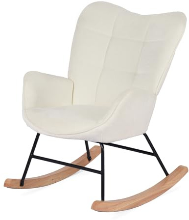 MEUBLE Cosy Sillas Mecedora Sillón de Relax Escandinavo Lactancia Butaca para Salón Dormitorio Balcón Sala de Estudio, Tela de Bucle, Madera Haya, Metal, Blanco, 62x75x87cm