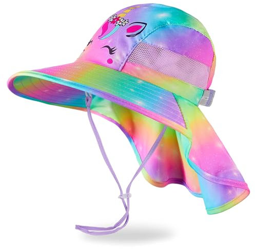MHJY Sonnenhut Kinder Sonnenmütze Mädchen Hut Sommer UV Schutz 50 Mützen Einhorn Anglerhut Breite Krempe Kappe mit Nackenklappe Kleinkind 2-9 Jahre