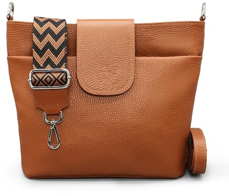 Brise Art Umhängetasche Damen Echtes Leder ELLIE Handgemachte Crossbody Bag mit Ledergurt + Optionalen Breiten Gemusterten Riemen 6 Fächer Wasserdichte Schultertasche Made in Italy (Cognac Braun - 4)