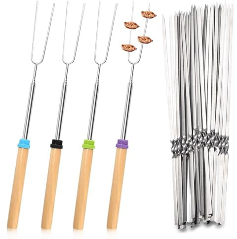 QOWUXHZ 4 Pcs Brochette Télescopage Extensible Et 15 Pcs Brochettes Pour Barbecue Bbq Marshmallow Smores Brochettes Accessoire Barbecue Brochettes Pour Barbecue Pour Le Camping Bbq À L'Extérieur