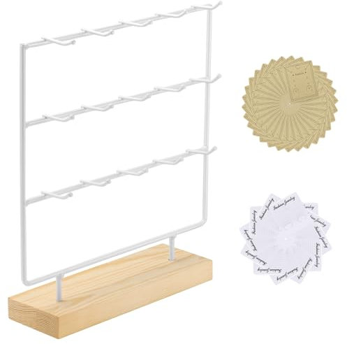 RNTBWD Earring Display Stand 3 Tier 15 Hooks Wood Earring Display Rack Holder for Earings Necklaces Rings Bracelets Keychains (White)