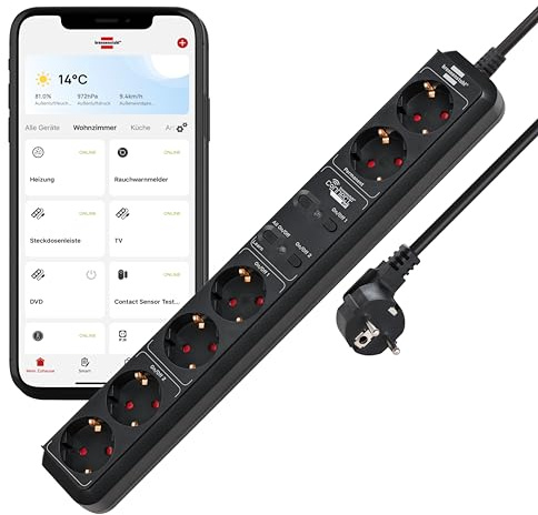 Brennenstuhl Connect Eco-Line WiFi grenuttag/intelligent grenkontakt 6-vägs (2,4 GHz WiFi, kompatibel med Alexa och Google Assistant, gratis app, 1,5m kabel) svart