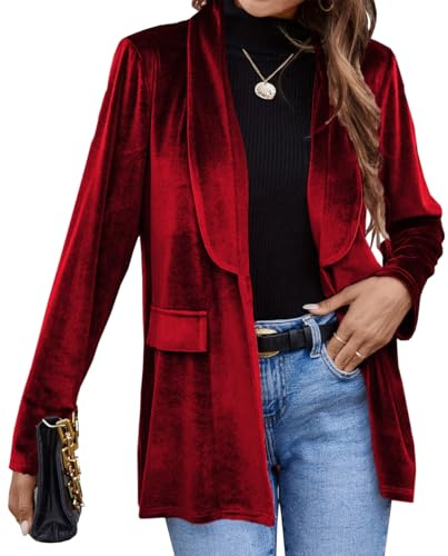TACSTRUN Femmes Velours Blazer Veste Casual Manches Longues Col Revers Blazer Business Long Cardigan Plus Size Outerwear,Rouge,XL