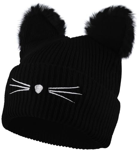 GWAWG Bonnet d'hiver chaud et souple slouch avec oreilles de chat pour femme - Joli bonnet en fausse fourrure avec pompon en laine tricotée douce pour femmes et filles - Cadeaux de chat parfaits pour