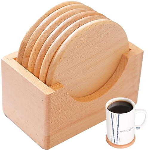 SQAQS Juego de 6 Posavasos de Madera, Posavasos para Bebidas, Juego de Coasters de Vidrio con Caja, Posavasos Redondos para Bebidas, Madera Multiusos de 9 cm Posavasos, para Vidrio Tazas Cafetería