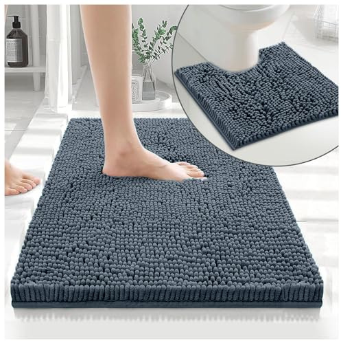 GC GAVENO CAVAILIA 2 Piece Non Slip Rubber Backed Mats - Super Absorbent Antibacterial Toilet Carpet Mat - Quick Dry Microfiber Chenille Rug Washable Bath Mats - Dark Grey