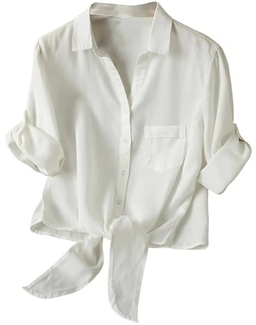 Dauocie Women's Tie Front Tops Casual 3/4 Roll Up Sleeve Button Down Shirts with Pocket
