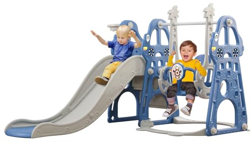 Scivolo per Bambini 4 in 1 Scivolo da Giardino con Altalena Regolabile e Cestino da Basket, Parco Giochi Esterno ed Interno per Bambini 18 Mesi + (Classico+Blu)