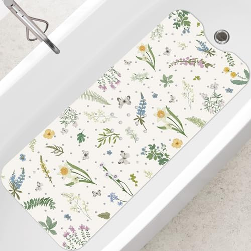 SHUCHING Tappetino Antiscivolo Vasca da Bagno per Adulti, 100x40cm Tappeto Doccia Antiscivolo Senza BPA, Tappetino Bagno Resistente alla Muffa e Lavabile in Lavatrice, Fiori Foglie